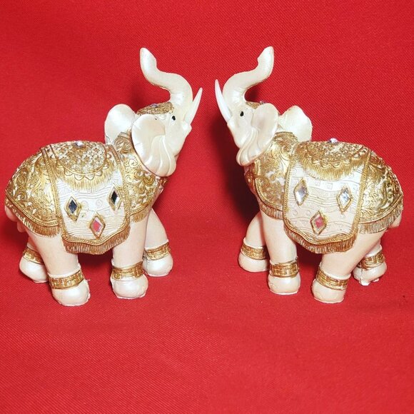 Decorated Elephant Trunk Up Statue Figurine Home Decor Set of 2 - Picture 12 of 13